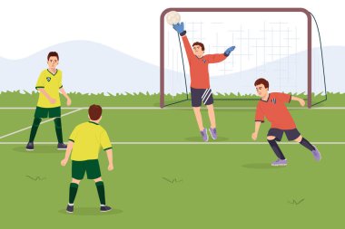 Farklı takımlardan genç futbolcular futbol topunu tekmeliyor. Futbol müsabakası. Çocuk sporcular futbol şampiyonası kalecileri topu yakalıyor. Çizgi film vektörü düz illüstrasyon.