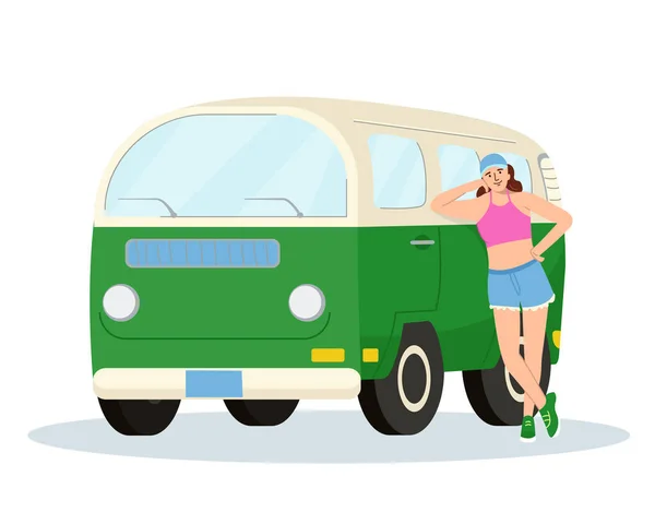 Seorang Gadis Yang Sedang Berlibur Berdiri Bersandar Bus Hippie Wanita - Stok Vektor