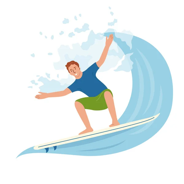 Junger Mann Badebekleidung Surft Große Welle Meer Surfer Reiten Surfbrett — Stockvektor