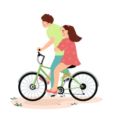Kız ve erkek birlikte bisiklete biniyorlar. Mutlu çocuk bisiklete binen bir kıza biniyor. Çocuklar yaz aktiviteleri ve eğlence. Dışarıda eğlenen sevimli çocuklar beyaz arka planda izole edilmiş düz vektör çizimi.