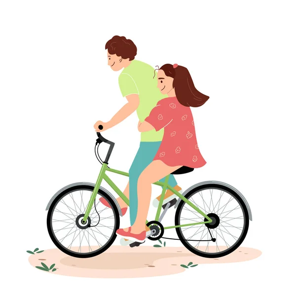 Kız Erkek Birlikte Bisiklete Biniyorlar Mutlu Çocuk Bisiklete Binen Bir — Stok Vektör