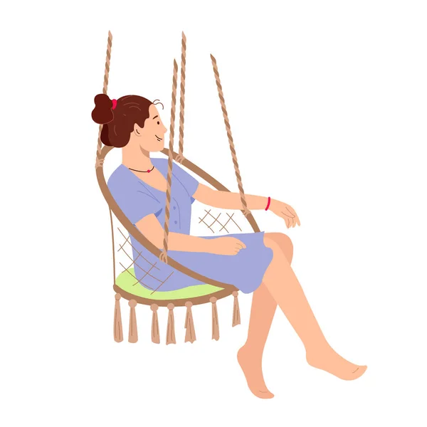 Fille Assise Dans Une Chaise Balançoire Suspendue Dans Jardin Relaxant — Image vectorielle