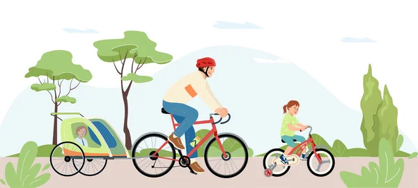 Счастливые Здоровые Семейные Персонажи Детьми Катаются Летом Велосипеде Отец Ездит — стоковый вектор
