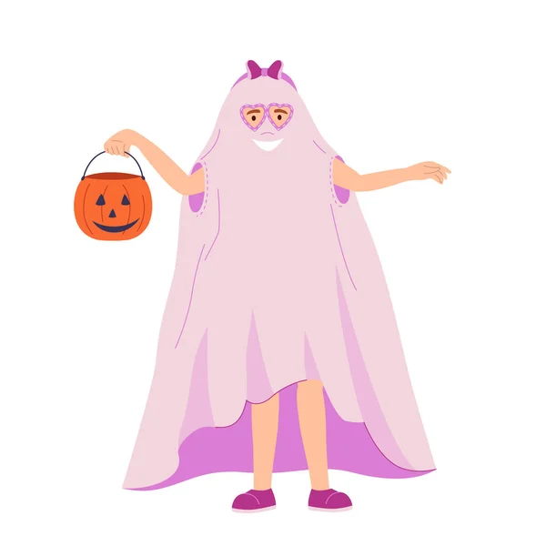 Chica Feliz Truco Moda Disfraz Fantasma Tratar Calabaza Fiesta Halloween — Archivo Imágenes Vectoriales