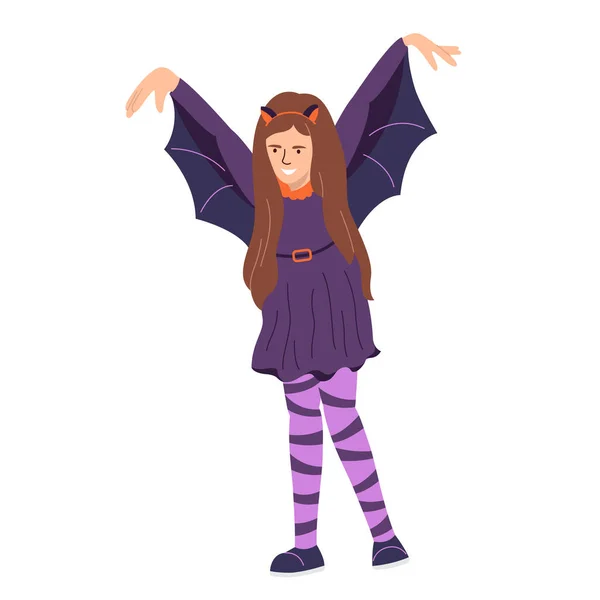 Menina Bonito Traje Morcego Halloween Brilhante Comemorar Feriado Outubro Ilustração —  Vetores de Stock