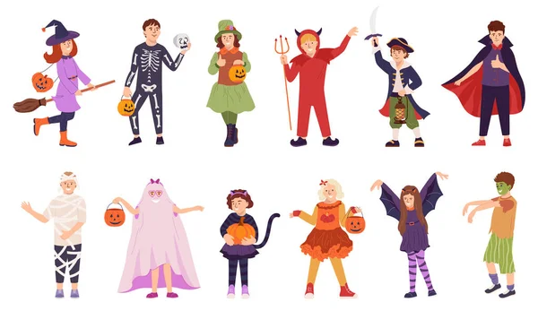 Kolekce Roztomilých Kreslených Dětí Barevných Halloweenských Kostýmech Kočka Pirát Ďábel — Stockový vektor