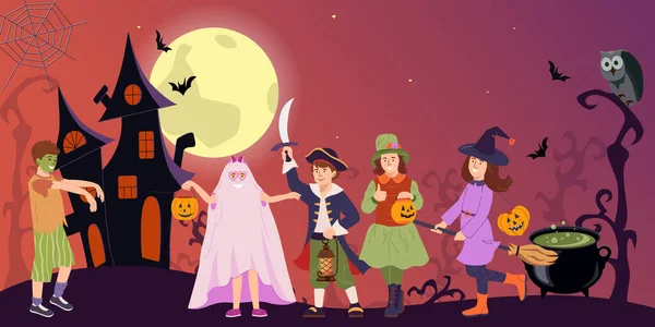 Feliz Cartel Halloween Para Niños Chicos Chicas Divertidos Trajes Monstruo — Vector de stock