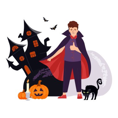 Cadılar Bayramı Drakula kostümlü, balkabaklı ve kale resimli yakışıklı çocuk bayramı kutluyor. Kont Drakula 'nın tiyatro kostümlü aktörü performans Vektör illüstrasyonunu izole ediyor..