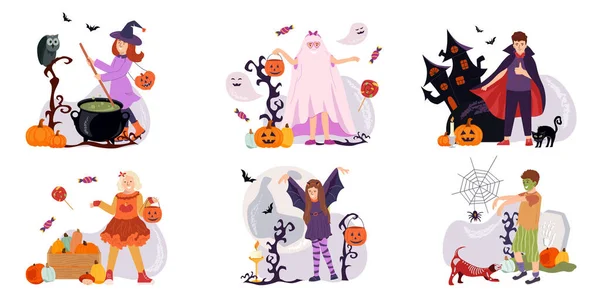 Kolekcja Kreskówek Dla Dzieci Kolorowe Halloween Świętując Kostiumy Przyjaciele Imprezie — Wektor stockowy
