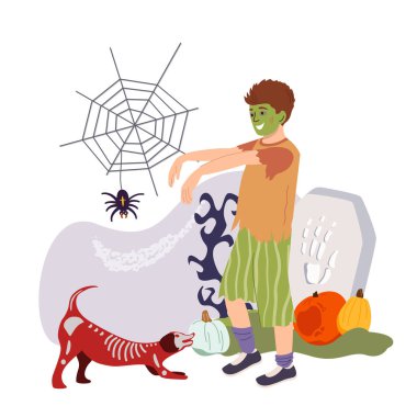 Mutlu Cadılar Bayramı çocuk zombileri. Ekim tatili için ürkütücü kostümü giymiş tuhaf çocuk. Karnaval süslemeleriyle partiye giden sevimli bir çocuk. Düz vektör çizimi beyaz arkaplanda izole edildi