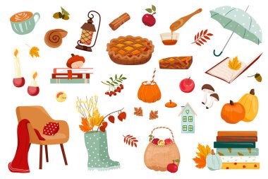 Sonbahar sezonu elementleri: lastik botlar, düşen yapraklar, sıcak yiyecekler. Hatıra defterleri, kartlar, posterler için Şükran Günü öğeleri koleksiyonu. Balkabağı mevsimi için parlak vektör çizimi