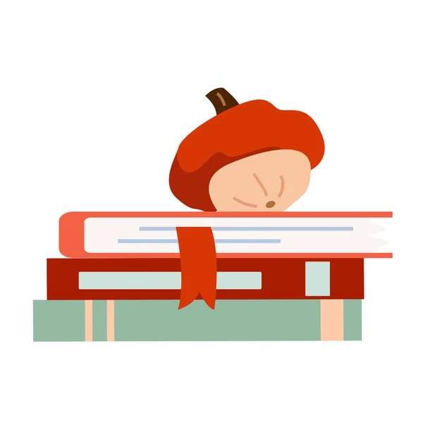Vector Cute Autumn Illustration Books Pumpkin Shape Mushroom Flat Style — Stock Vector