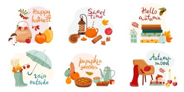 Ekim ayının kompozisyon setinde harfler: Merhaba sonbahar, tatlı zaman, mutlu hasat. Hatıra defterleri, kartlar ve parlak vektör illüstrasyonları için şükran günü ögelerinin toplanması