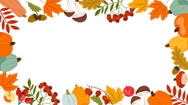 Sonbahar çerçevesi çiçek kırmızısı, sarı yapraklar ve meşe palamudu. Sevimli ellerle, renkli balkabaklarıyla, elmalarla, rowan sınırıyla birlikte yatay pankartın üzerine düş. Şükran Günü için vektör illüstrasyon arka planı