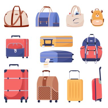 Seyahat çantaları hazır: bavullar, el çantası, sırt çantası, plastik tramvay çantası, yolculuk için moda çantası. Çocuklar ve yetişkinler için valizler, yürüyüş sırt çantaları. Dairesel turizm için vektör illüstrasyon