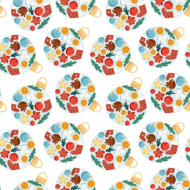 Noel balosundan kalma kusursuz bir desen. Kış vektör dekoru. Renkli düz tasarım arka plan, ambalaj kağıdı, kapak, kumaş ve benzeri olarak kullanılabilir