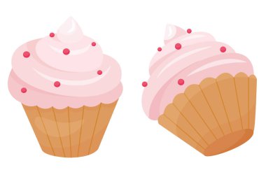 Tasarımın için beyaz arka planda iki açılı pembe kremalı kek ikonu. Tatlı kekin vektör çizimi