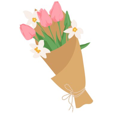 Süslü çiçek desenli el işi kağıdıyla bembeyaz. Bir sürü pembe lale ve nergis. 8 Mart 'taki Uluslararası Kadınlar Günü için element vektör illüstrasyonu ya da mutlu yıllar.