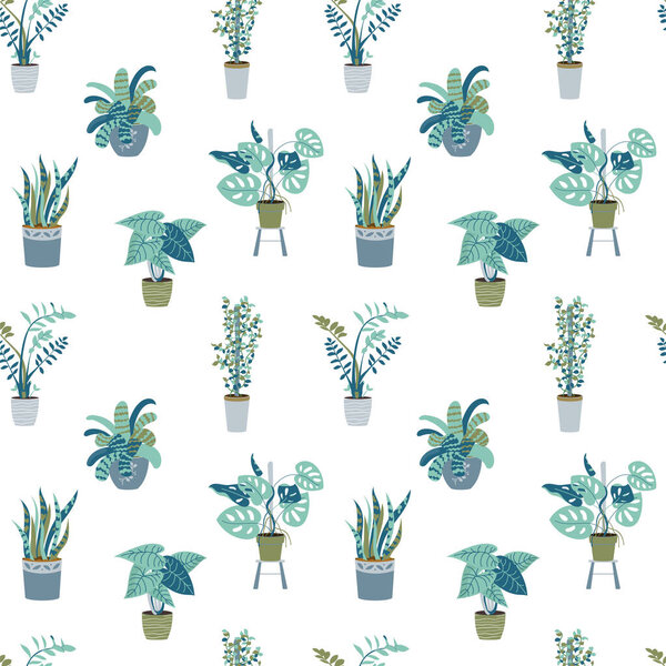 Decorative home plants in pots seamless pattern. Texture of Green potted indoor houseplants in interior. Home jungle cartoon style print. Trendy vector background. Boho home plants design illustration