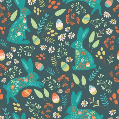 Çiçek çayırındaki sevimli el çizimi tavşanlar, tatlı paskalya desenleri, tavşanlar, çiçekler, paskalya yumurtaları. Tavşanlı çiçek dokusu. Moda mutlu paskalya vektörü duvar kağıdı tasarımı.