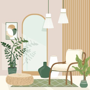 Konforlu detaylı boho tarzı iç tasarım moda toprak tonlarının şık bir kombinasyonuyla. İskandinav Tarzı 'nda kisisel eko uzay konsepti, rattan pouffe, ayna, modern sandalye ve bitkilerle. Vektör