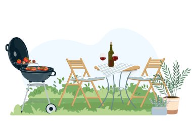 Patio alanı düz vektör çizimi. Bahçe bahçesinde ızgara, yeşil bitkiler, ağaçlar. Bahçe modern mobilyaları barbekü ve piknik için. Barbekü yaz partileri için karikatür mobilyalı bahçe..