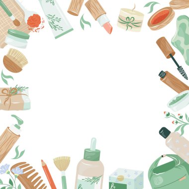 Çevre dostu yaşam için doğal ahşap şişeler, kavanozlar ve kağıt tüplerle çerçevelenmiş. Boş beyaz uzayla barışmak için renkli vektör çizimi organik vegan kozmetik ürünleri. Sıfır atık yaşam tarzı kavramı.