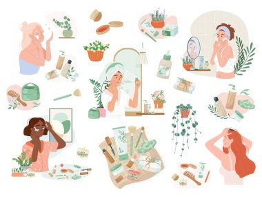 Saçlarını tarayan, cilt temizleyen ve nemlendiren kadınlar. Evde düz vektör ilüstrasyonları. Farklı cilt tipli kızların doğal kozmetik ürünleri..