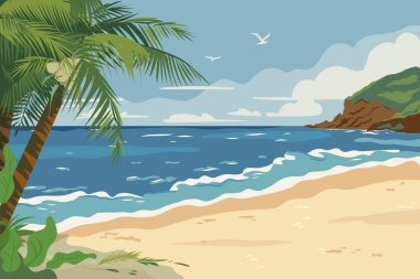 Tropik plaj panoramik manzarası, deniz kıyısında palmiye ağaçları ve kayalar. Çizgi film yaz plajı. Deniz kıyıları, kumsal ve gökyüzü manzaralı. Kumlu okyanus kıyıları ve bulutları olan yatay deniz kenarı