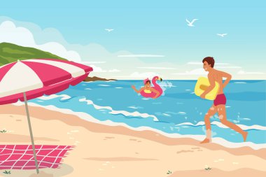 Flamingo yüzme çemberindeki ponpon kız. Çocuk deniz kıyısında yüzmek için şişme bir salla koşuyor. Çocuklar plaj aktiviteleri ve eğlence. Sevimli arkadaşlar tatilde eğleniyorlar. Düz vektör.