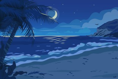 Tropik kumsal panoramik manzarası, deniz kıyısında palmiye ağaçları ve kayalar. Deniz manzaralı karikatür düz vektör çizimi. Tropikal doğanın romantik manzaraları. Deniz manzarası arkaplanı