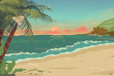 Palmiyeleri ve sakin suyu olan sahil kıyısı. Okyanusta gün doğumu, doğa deniz manzarası. Deniz manzaralı karikatür düz vektör çizimi. Tropikal doğanın romantik manzaraları.