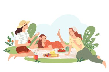 Young women at picnic in the park. Bundle of happy girls eating spend time together on the lawn outdoors. Friends relaxing and support each other on summer vacation. Flat cartoon vector illustration.
