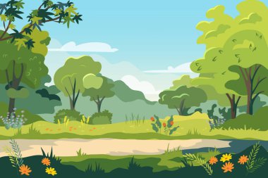 Şehirdeki halk bahçesi. Yeşil ağaçlar, çiçekler, çimenler olan panoramik şehir parkı manzarası. Boş parkı olan vektör illüstrasyon karikatürü.