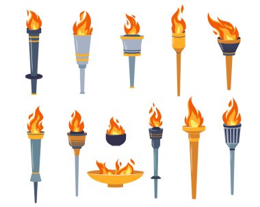Alevli meşaleler. Vektör karikatür meşalesini ateşle izole etti. Yanan ateş ya da alev. Spor ateşi tabelası. Yarışma zaferinin sembolleri, atletik, şampiyon, spor oyunu kazananı veya özgürlük ikonu.