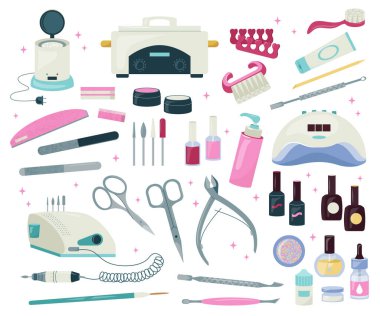 Geniş manikür seti, pedikür tasarım elementleri. Tırnak bakım makası, oje, dosya, el kremi, elektrikli matkap, ultraviyole lamba, tırnak ucu için profesyonel alet çantası. Vektör düz şablon güzelliği