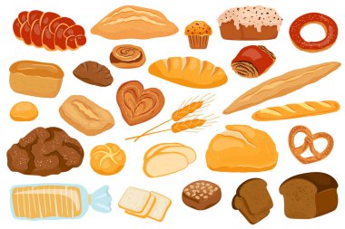 Büyük set vektör ekmek ürünleri. Şablon sayfa tasarım yemekleri ve karikatür fırını yemekleri. Çavdar ekmeği ve pretzel, kek, pide, ciabatta, buğday ve tam tahıllı ekmek, çeşitli çörekler, tost ekmeği,