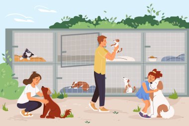 Dost canlısı bir adam ve kadın gönüllü olarak hayvan barınağında çalışıyor. Rehabilitasyon ya da evlat edinme merkezi, genç erkekler ve kadınlar barınaktaki evsiz köpeklerle besleniyor ve oynuyorlar. Gönüllü bağış vektör karikatürü