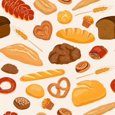 Vektör desensiz ekmek ürünleri. Şablon sayfa tasarım yemekleri ve fırın yemekleri. Çavdar ekmeği ve kraker, kek, ciabatta, buğday ve tam tahıllı ekmek, çeşitli çörekler, baget...