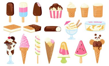 Waffle külahında büyük vektör kümesi ve çikolatalı, vanilyalı ve meyveli dondurmalar. Elle çizilmiş dondurmalı buzlu şekerleme, fincanda kepçe topları.