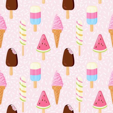 Elle çizilmiş farklı dondurmalarla kusursuz yaz deseni. Modern tatlı dondurma külahı, buzlu dondurma, kumaş, tekstil, duvar kağıdı için pembe dokuda meyve aromalı. Vektör illüstrasyonu.