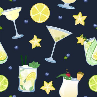 Dikensiz kokteyller ve koyu arkaplanda meyve desenleri. Mojito, martini, şampanya, pina colada ile yaz aylarında kullanılan parlak tasarım duvar kağıdı, web sitesi, ambalaj kağıdı, kumaş.