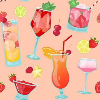 Bej arka planda şeffaf kokteyller ve meyve dilimleri. Campari, daiquiri ve mojito ile yaz aydınlığı tasarımı duvar kağıdı, web sitesi arka planı, ambalaj kağıdı, kumaş için kullanılabilir..