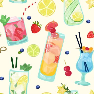 Kusursuz kokteyller ve hafif arka planda meyve desenleri. Mojito, mavi lagün, spritz ile yaz parlak tasarımı duvar kağıdı, web sitesi arka planı, ambalaj kağıdı, kumaş için kullanılabilir.