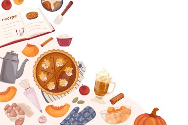 Şükran Günü kabaklı turta pişirme moda afişi. Samimi vektör şablonu posteri, davetiye, kart, broşür, kapak. Geleneksel Amerikan pastası pişirmek için katıksız Noel tatlısı..