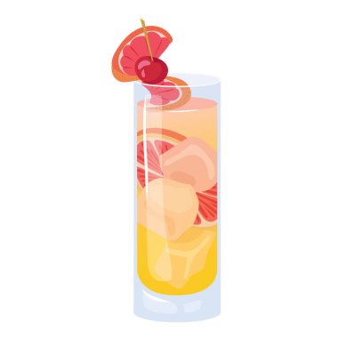 Greyfurtlu kokteyl. Yaz ferahlatıcı içecek, greyfurt ve naneli limonata. Plaj tatilleri, yaz tatili, parti, kafe bar, eğlence konsepti. İzole vektör illüstrasyonu.