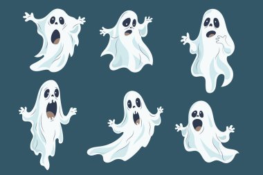 Şirin el çizimi hayaletler cadılar bayramı vektör çizimi seti. Mutlu hayalet karakter tasarım elementleri izole edilmiş. Duygusal ifadeli ürkütücü maskotlar. Farklı ruhlar
