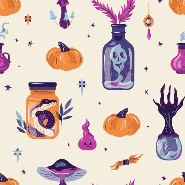 Cadılık kusursuz desen. Cadılar Bayramı 'nız kutlu olsun. Balkabağı, iksir, yılan desenli sihirli vektör baskısı. Çocuklar karikatür düz vektör arka planı hediye kağıdı, ambalaj, duvar kağıdı