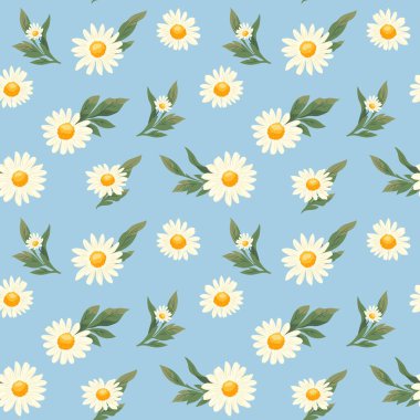Papatya 'nın çiçekli, devamlı, pürüzsüz deseni. Açık mavi arka plan ve papatya çayı. Kumaş, tekstil, baskılar, duvar kağıtları için düz vektör tasarımı