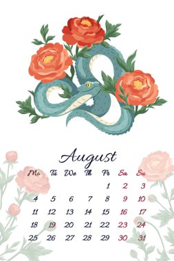 Yılan Çiçekleri 'nin 2025 yılındaki Çin yılının sembolü olan ve yaz ihalesi kırmızı ranunculus vektör illüstrasyon şablonu içeren Ağustos ayı yılan takvimi. Yazdırma için tipografi